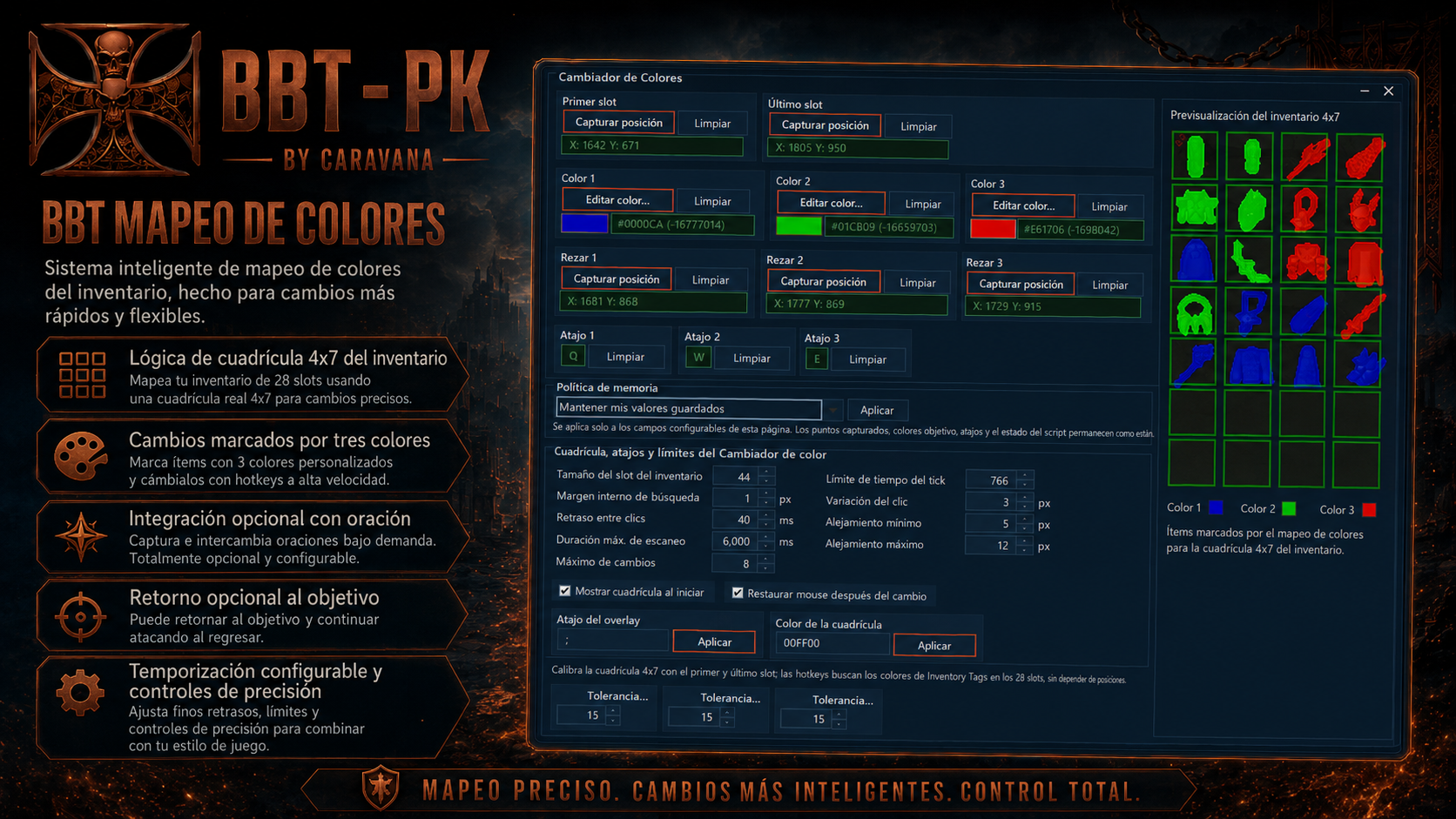 Interfaz BBT-PK AHK con scripts de PK, hotkeys, detección de color OSRS y Gear Switch by Color