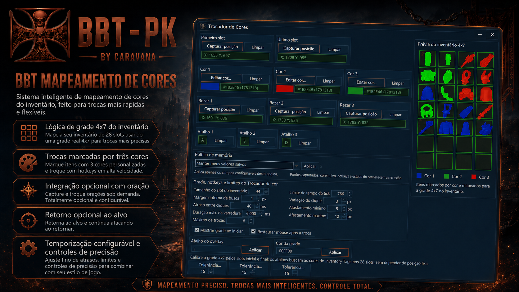 Interface BBT-PK AHK com scripts de PK, hotkeys, detecção de cor OSRS e Gear Switch by Color
