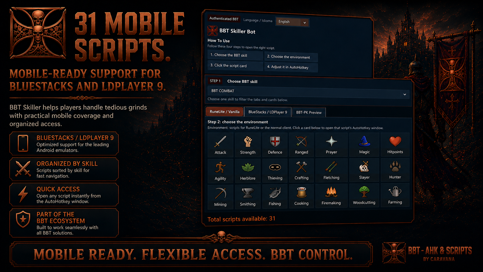 Interfaz de BBT-Skiller BOT con scripts de skilling, scripts mobile y entrenamiento de skills en OSRS
