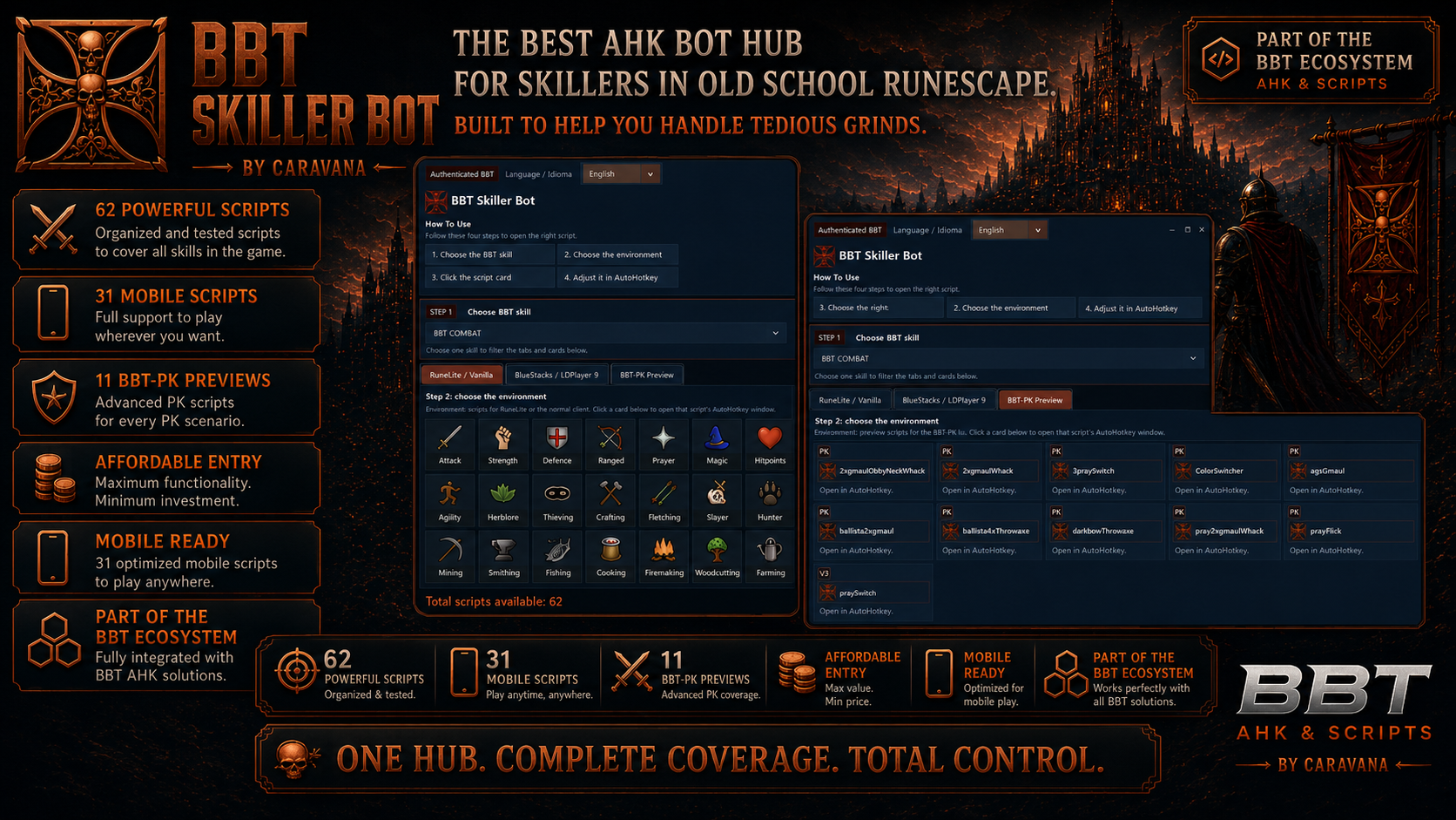 Interfaz de BBT-Skiller BOT con scripts de skilling, scripts mobile y entrenamiento de skills en OSRS