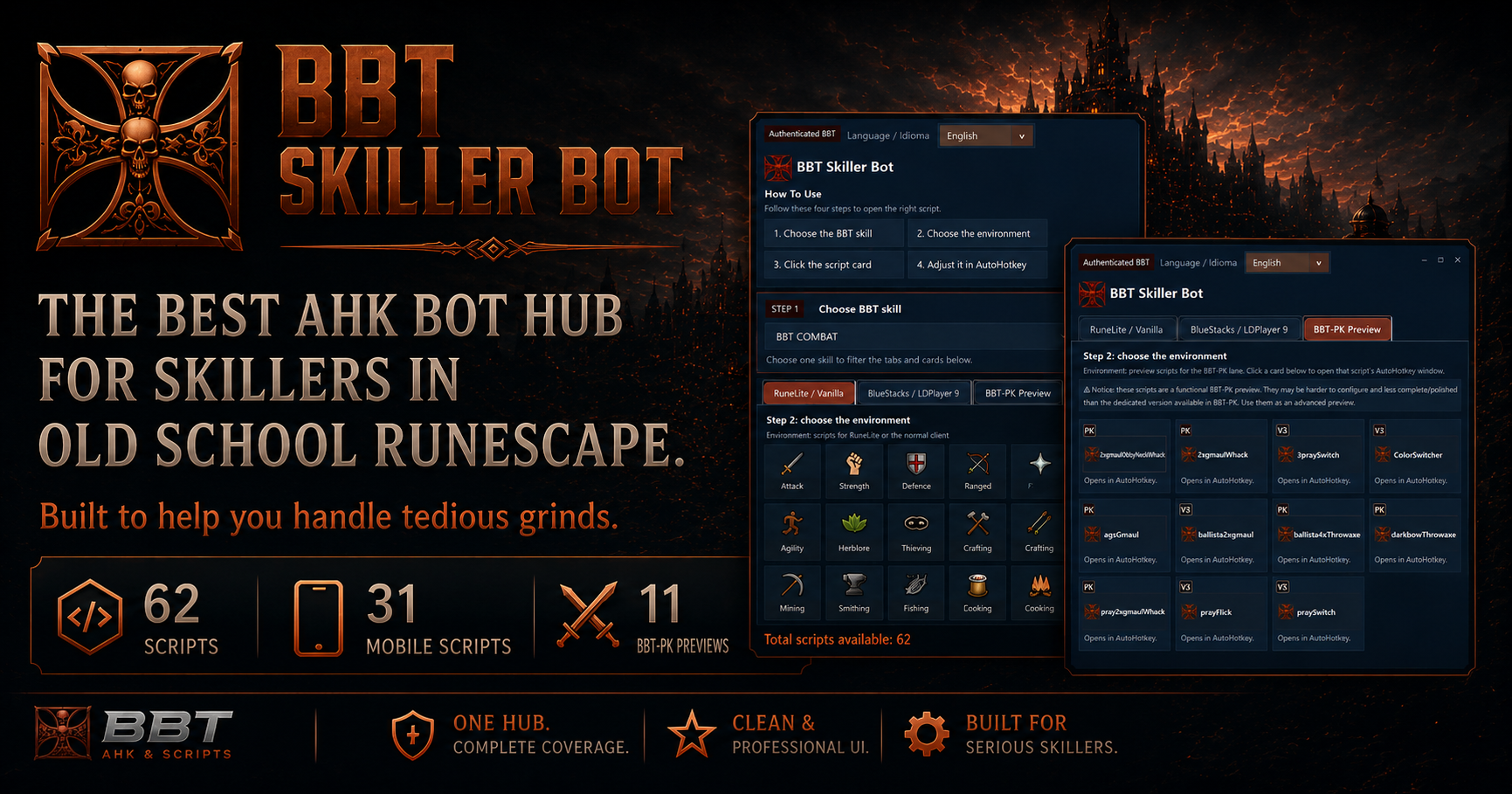 Interfaz de BBT-Skiller BOT con scripts de skilling, scripts mobile y entrenamiento de skills en OSRS