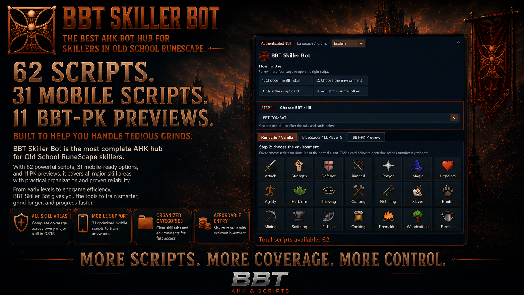 Interfaz de BBT-Skiller BOT con scripts de skilling, scripts mobile y entrenamiento de skills en OSRS