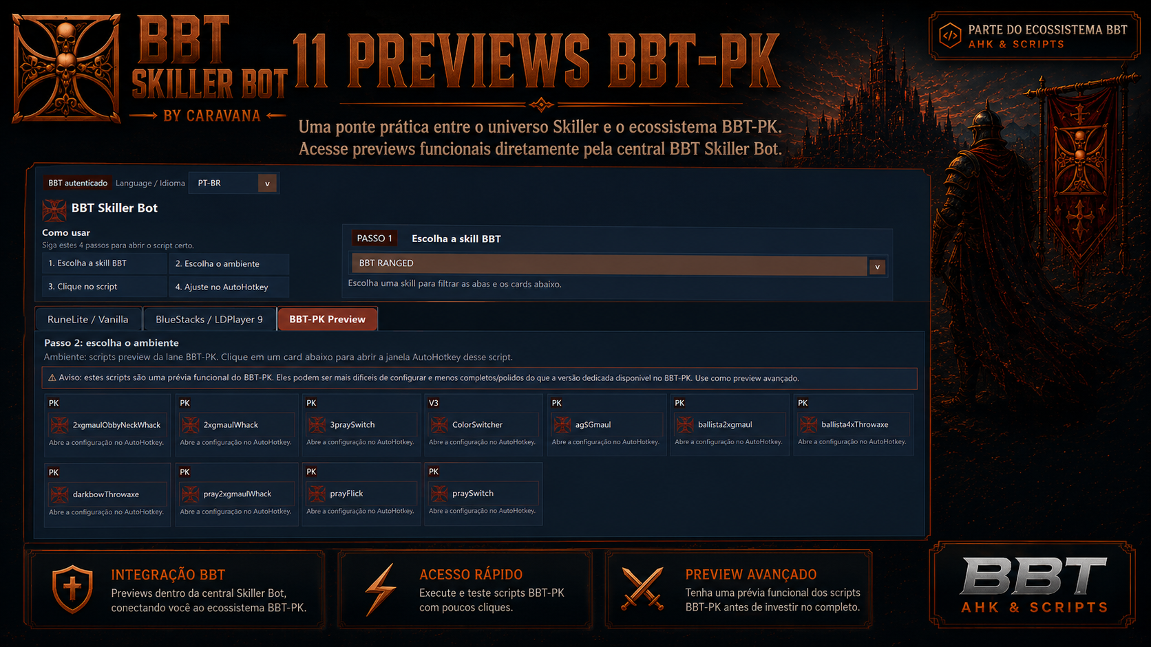 Interface do BBT-Skiller BOT com scripts de skilling, scripts mobile e treino de skills no OSRS