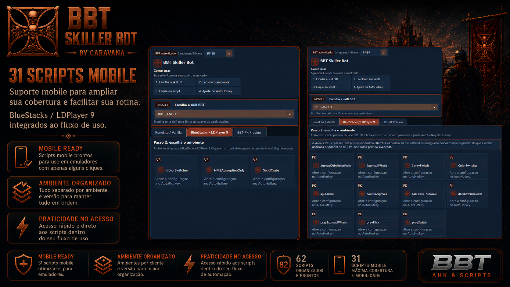 Interface do BBT-Skiller BOT com scripts de skilling, scripts mobile e treino de skills no OSRS