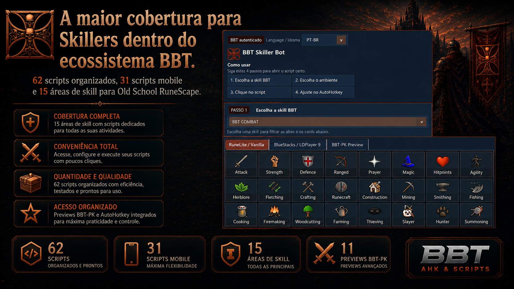Interface do BBT-Skiller BOT com scripts de skilling, scripts mobile e treino de skills no OSRS