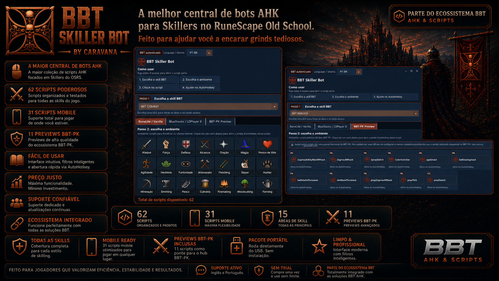 Interface do BBT-Skiller BOT com scripts de skilling, scripts mobile e treino de skills no OSRS
