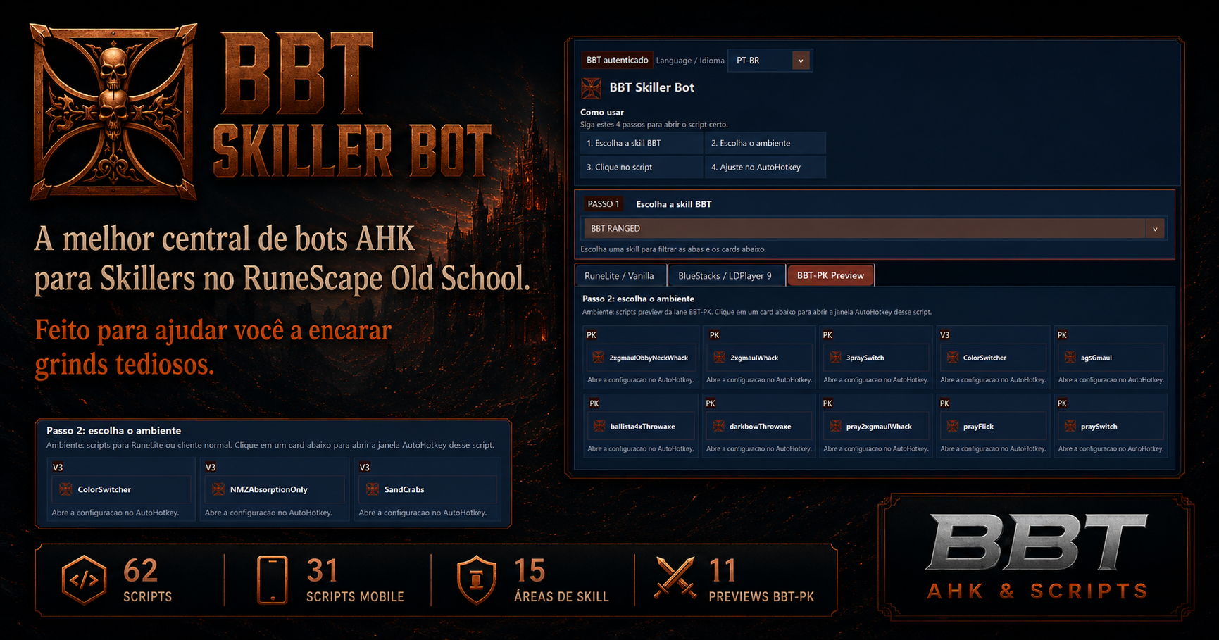 Interface do BBT-Skiller BOT com scripts de skilling, scripts mobile e treino de skills no OSRS