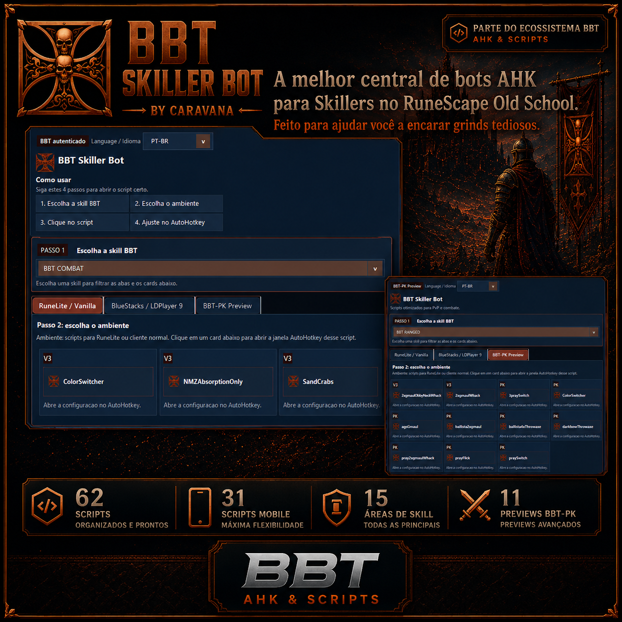 Interface do BBT-Skiller BOT com scripts de skilling, scripts mobile e treino de skills no OSRS