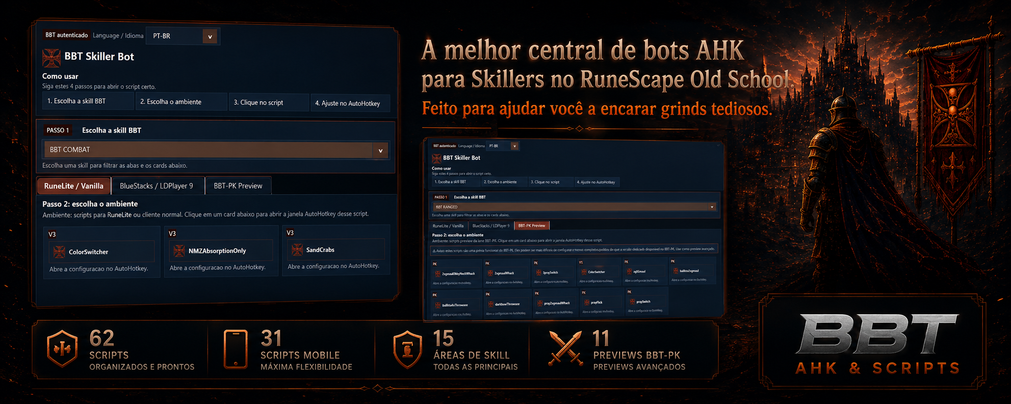 Interface do BBT-Skiller BOT com scripts de skilling, scripts mobile e treino de skills no OSRS